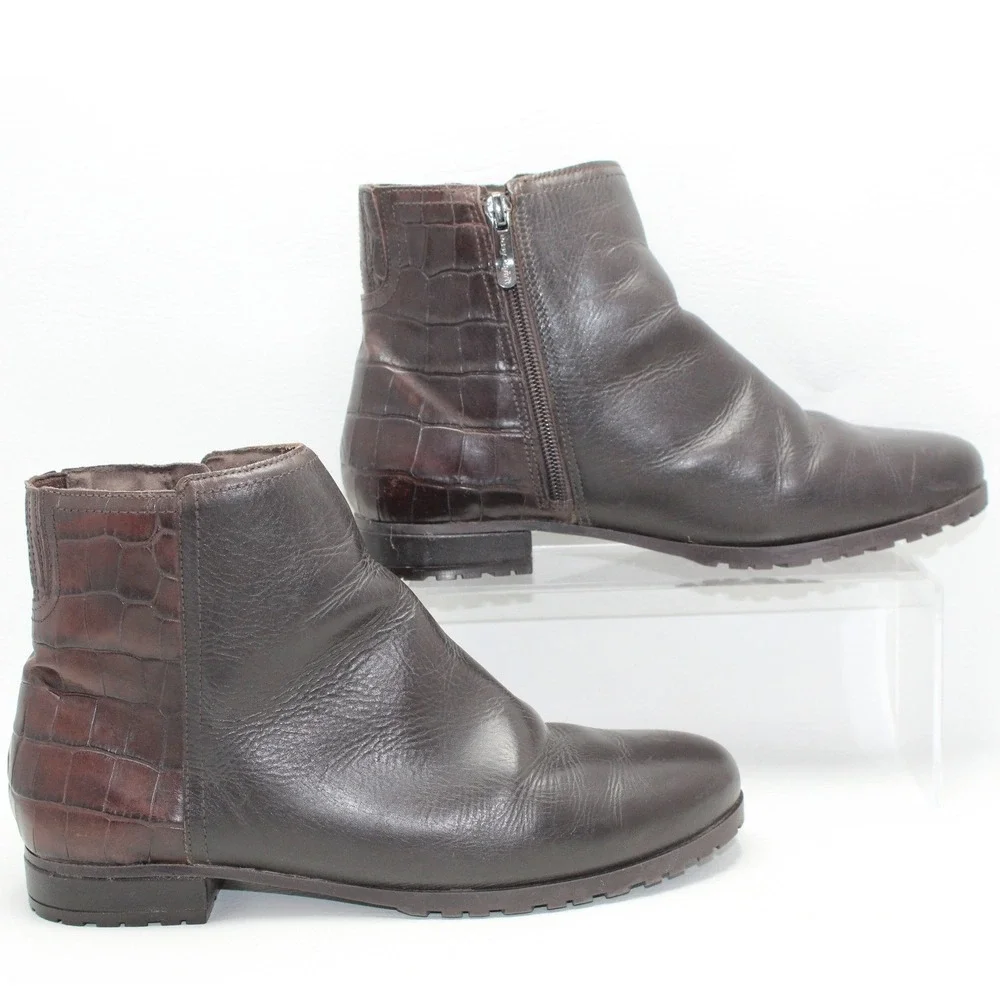 Easy‎ Spirit Womens Brown Leather Croc Embossed Ankle Boots Side Zip Size 8W
